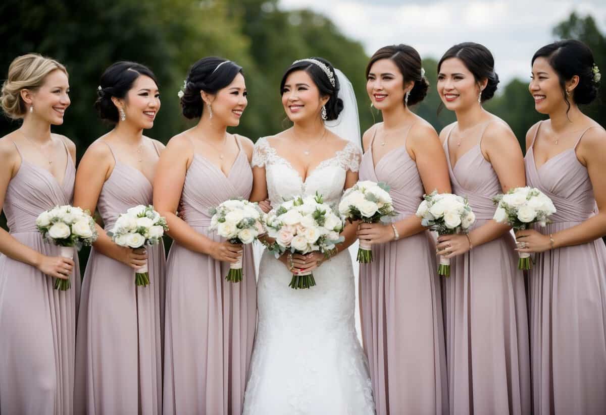 A group of women in matching dresses, standing together with the mother of the bride wearing the same color as the bridesmaids