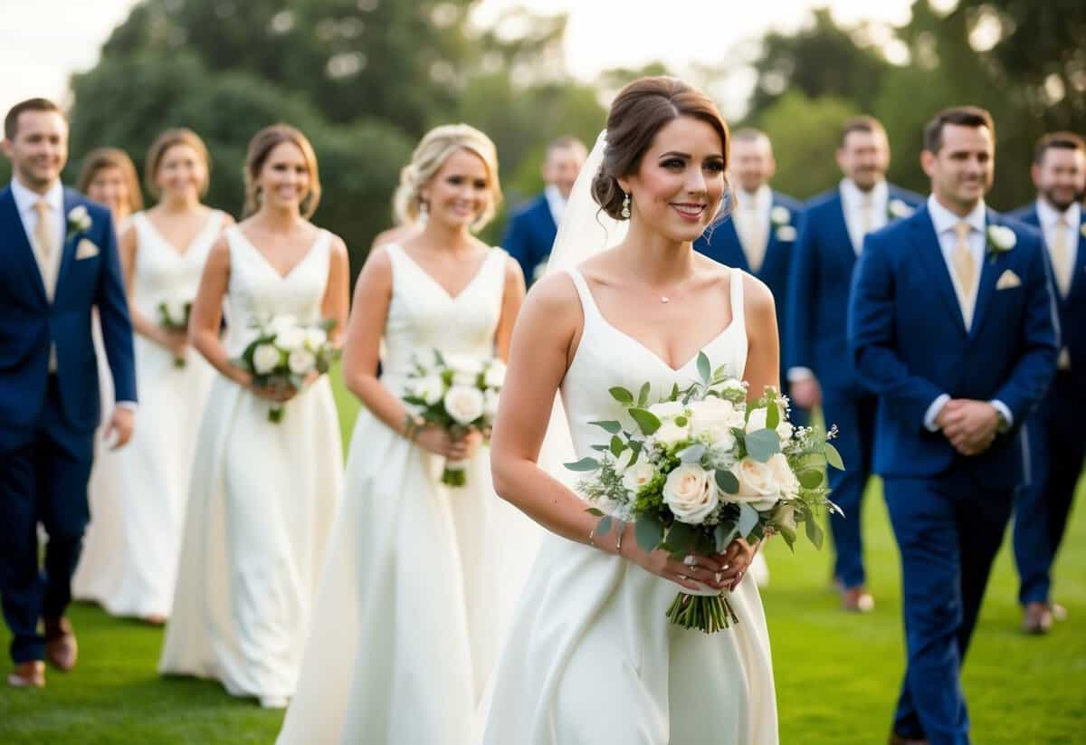 The maid of honor walks ahead, holding a bouquet, as the wedding party follows behind