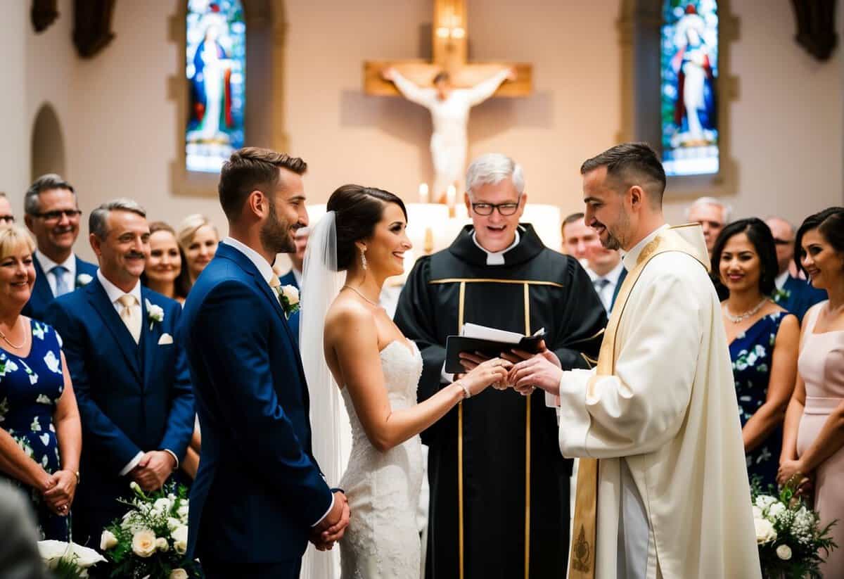 A bride and groom stand at the altar, surrounded by family and friends. A priest officiates the ceremony as they exchange vows and rings