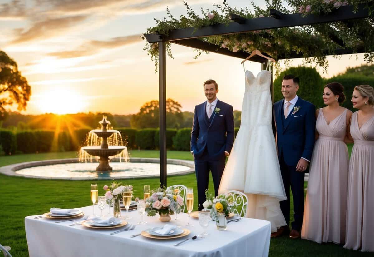 Sunrise over a serene garden with a fountain. A table adorned with flowers, champagne, and delicate china. A bridal gown hanging from a canopy, surrounded by bridesmaids' dresses and groomsmen's suits