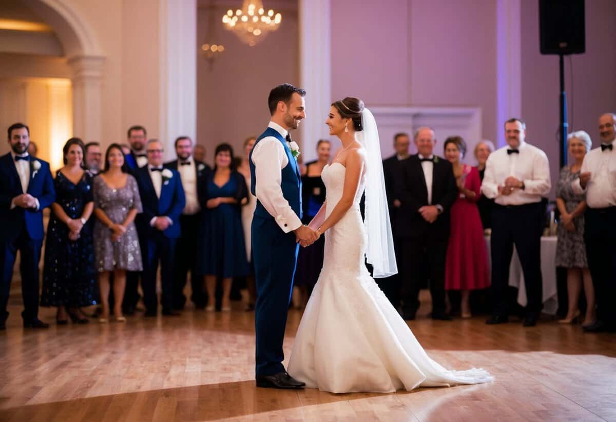A bride and a figure in formal attire stand facing each other on a dance floor, surrounded by onlookers