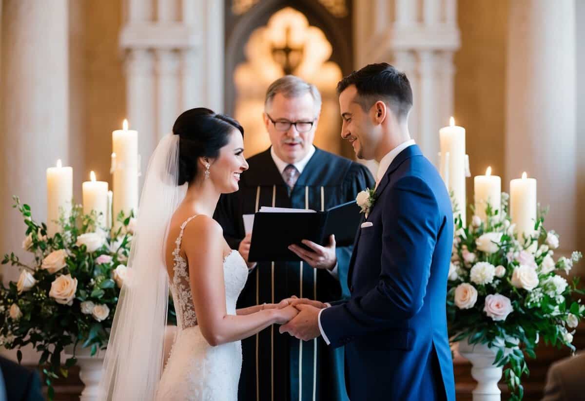 A bride and groom exchanging vows at the altar with the officiant standing between them, surrounded by flowers and candles