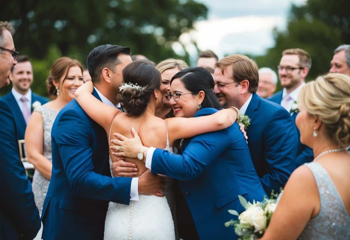 A group of people huddled together, embracing and shedding tears of joy as they witness a wedding ceremony