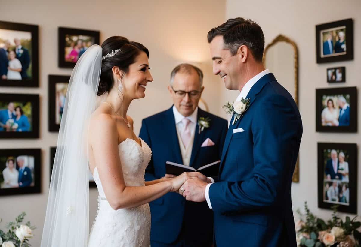 A bride and groom exchanging vows, surrounded by family photos and mementos from their past, evoking tears of nostalgia and emotion
