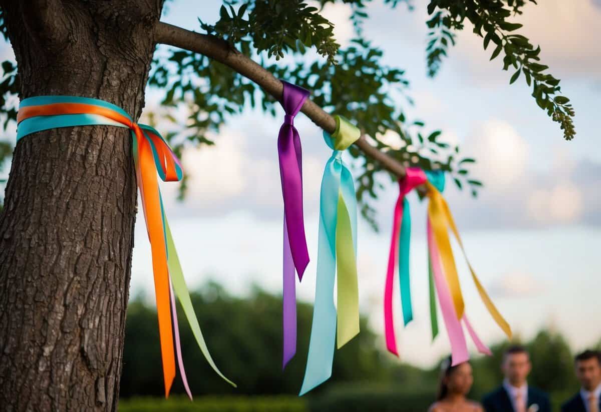 A group of colorful ribbons tied to a tree, swaying gently in the breeze, symbolizing the presence and support of close friends at the ceremony and reception