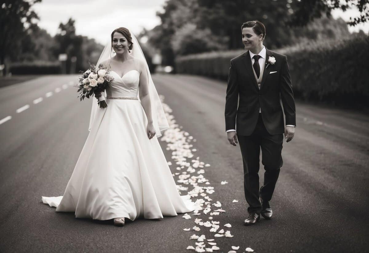 The bride walks on the left, holding a bouquet, while her veil gently flutters in the breeze. A trail of rose petals leads the way
