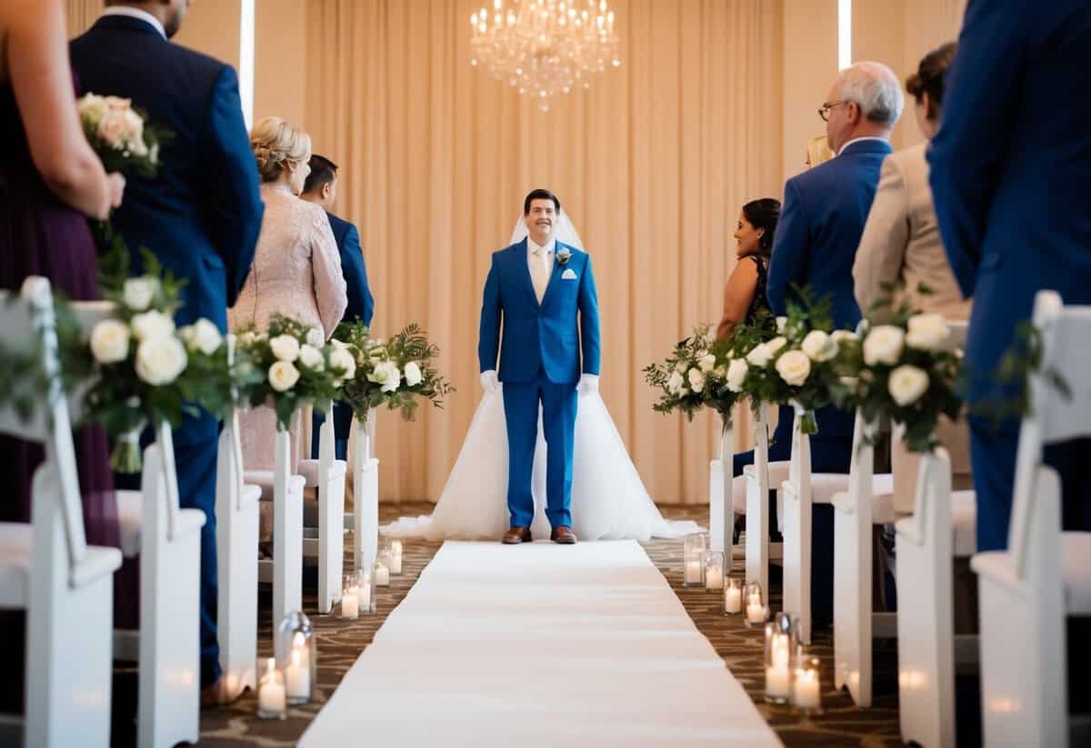 A figure stands at the end of an aisle, waiting for the bride to approach