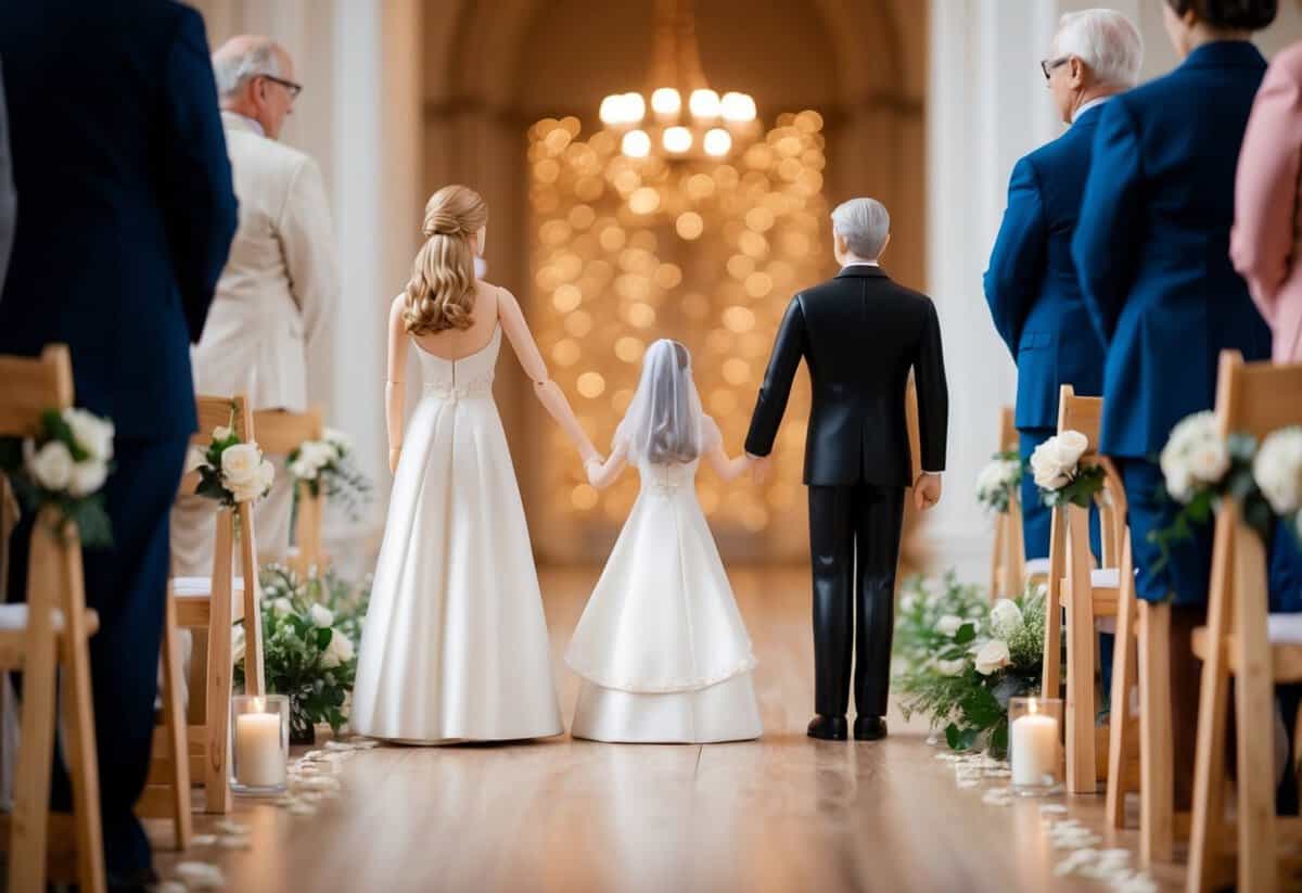 A figure stands at the start of an aisle, while another figure waits at the end, symbolizing the support and guidance of family during significant life events