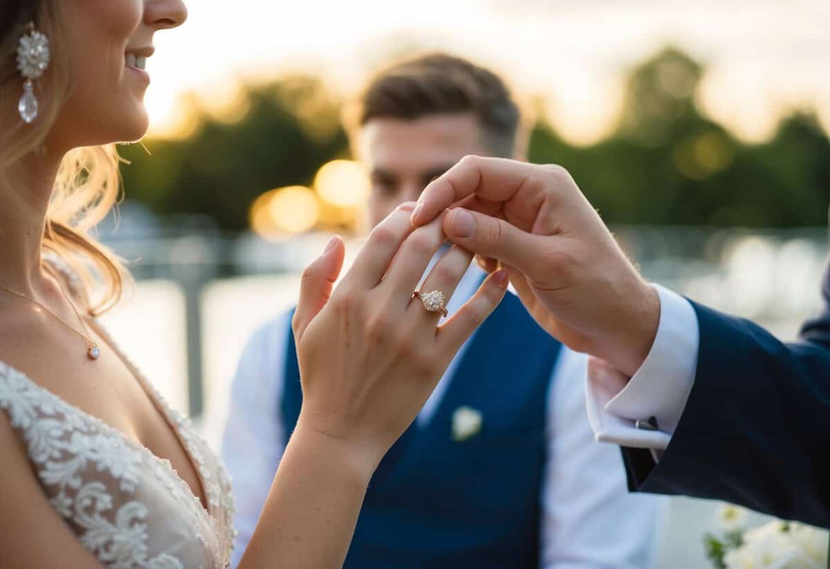 A groom's hand places a gold wedding ring on a bride's finger