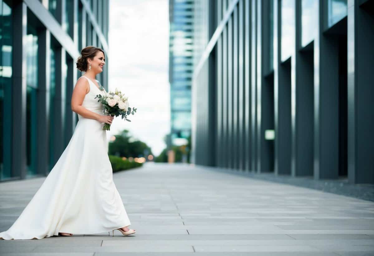 A bride walks on the left, holding a bouquet, with a modern, confident stride. She is flanked by tall, sleek, modern buildings