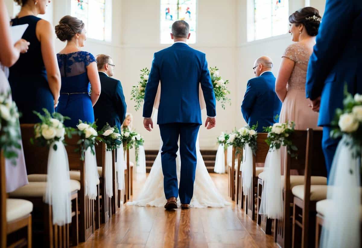 A figure stands at the end of the aisle, waiting to guide the bride forward. The space is filled with anticipation and tension as the decision is made