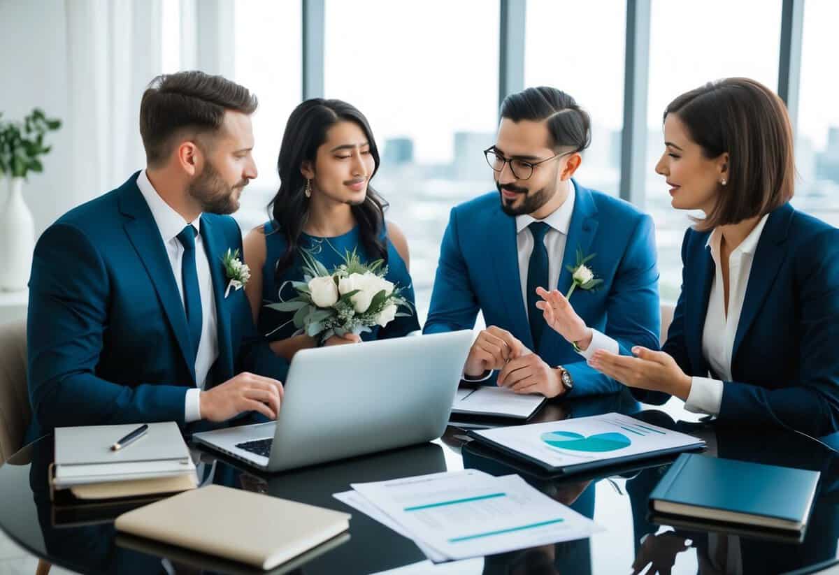 A couple and their families discussing wedding finances at a modern, stylish table with laptops, financial documents, and a wedding planner's book