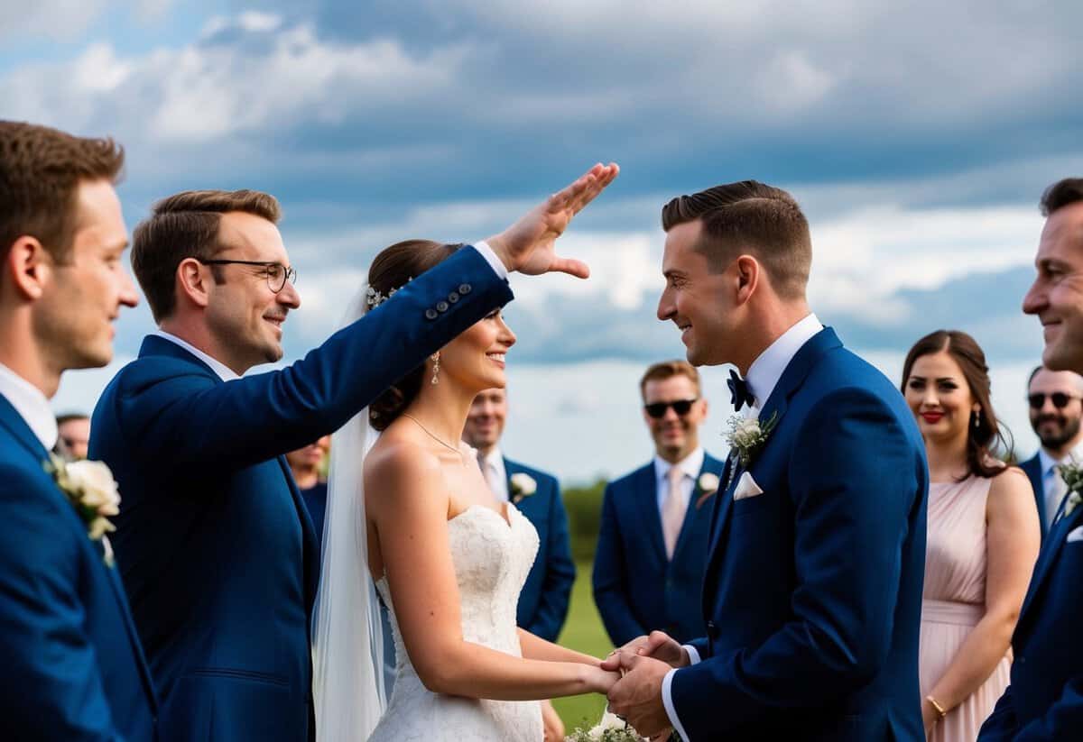 A figure in formal attire gestures towards the bride and groom, indicating permission to kiss. The couple stands facing each other, surrounded by onlookers