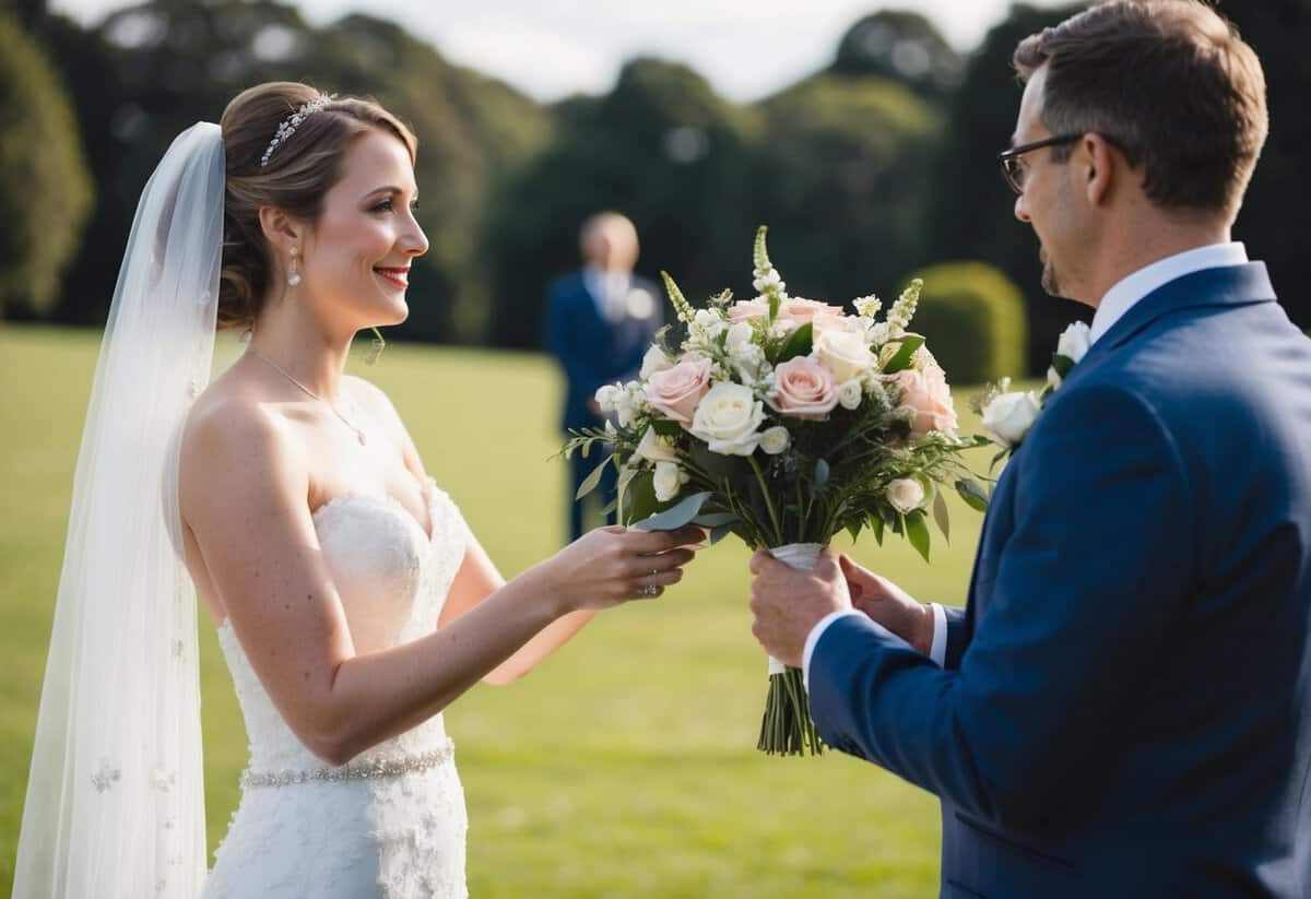 The bride presents her flowers to a figure in the distance