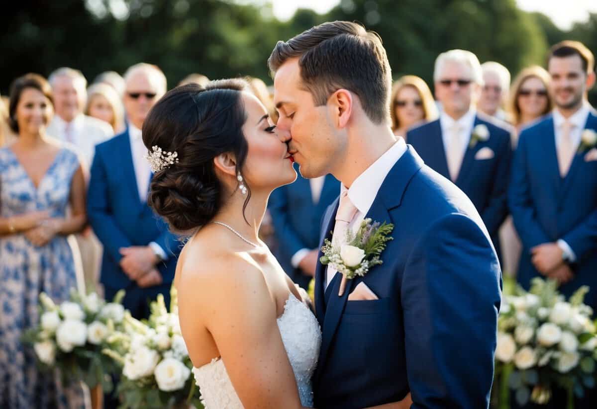 A couple stands facing each other, surrounded by onlookers. The groom leans in to kiss the bride, as tradition dictates