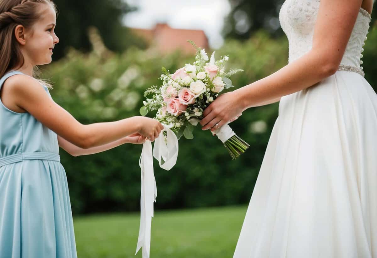 The bride hands her bouquet to a young girl, symbolizing passing on the tradition of marriage and love