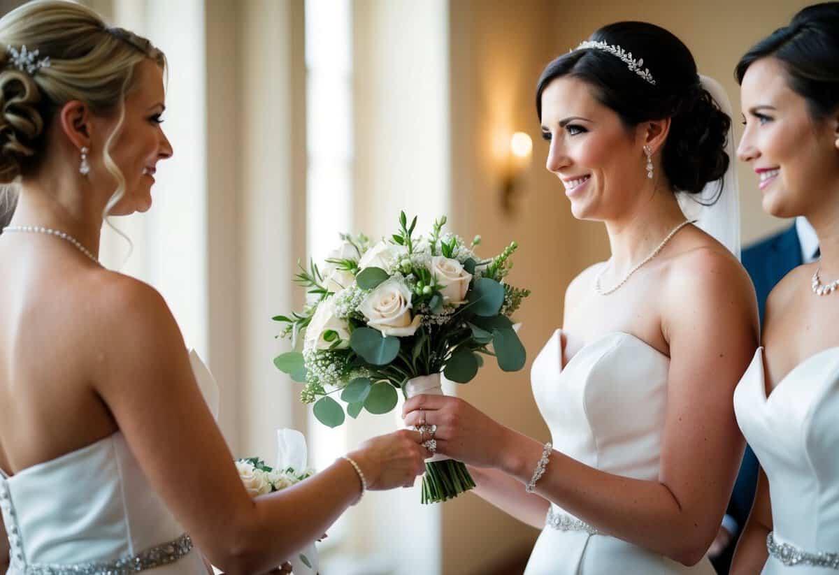 The bride presents her bouquet to the maid of honor