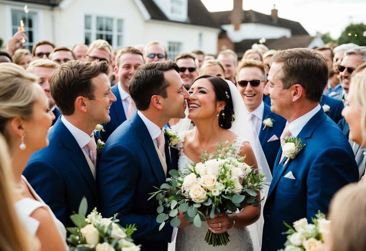 A celebratory crowd gathers around the newlyweds, eagerly awaiting the traditional kiss