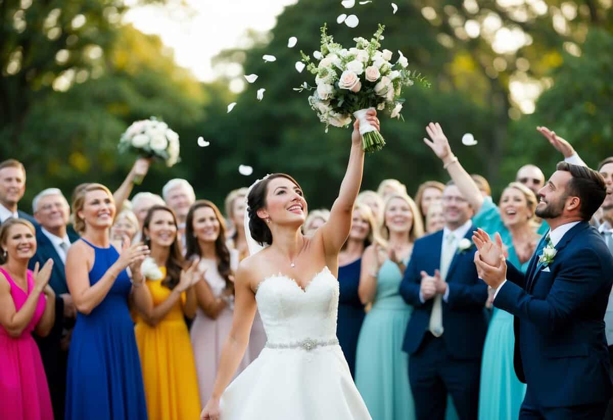 The bride throws her bouquet into a crowd of eager guests, who eagerly reach out to catch it