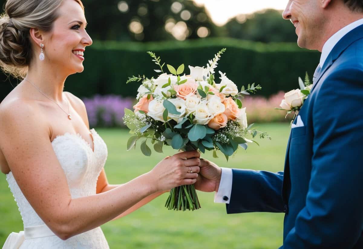 The bride hands her bouquet to a smiling guest