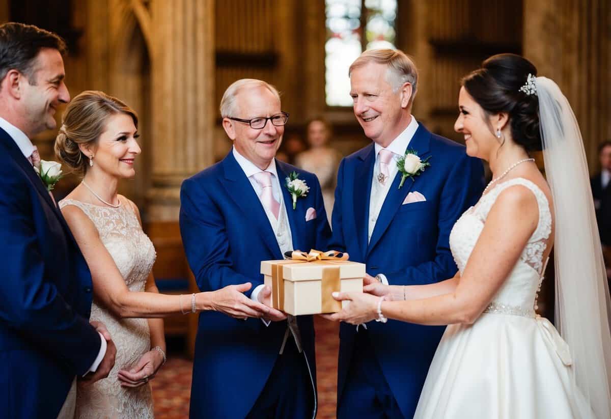 A traditional British wedding with the bride's parents presenting a gift or financial contribution to the couple