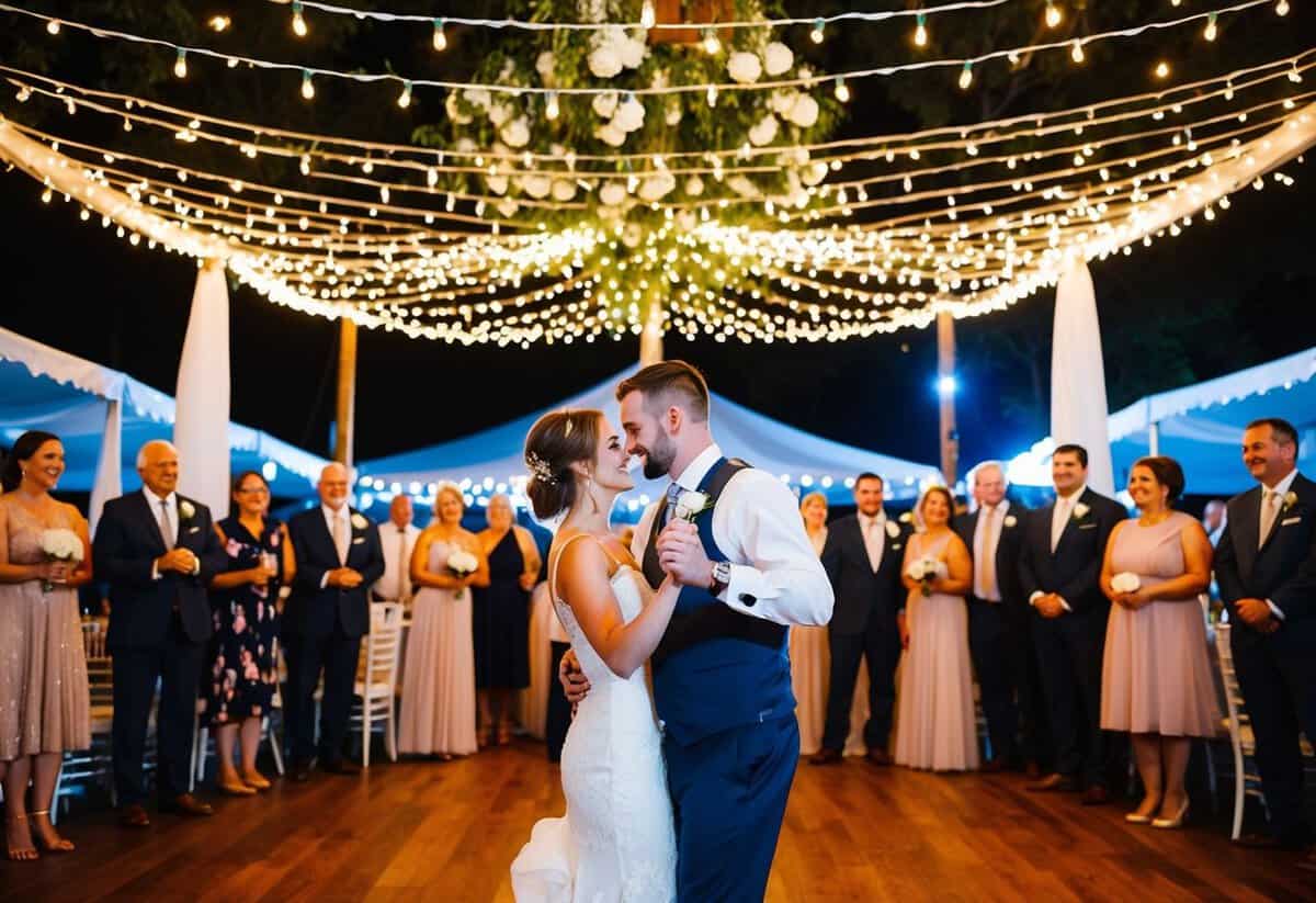 A couple's first dance under a canopy of twinkling lights, surrounded by friends and family