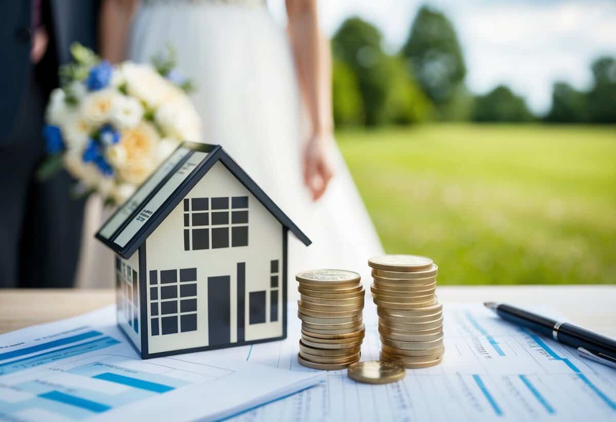 The bride's family contributes financially to the wedding, symbolized by a stack of British pounds and a wedding budget spreadsheet