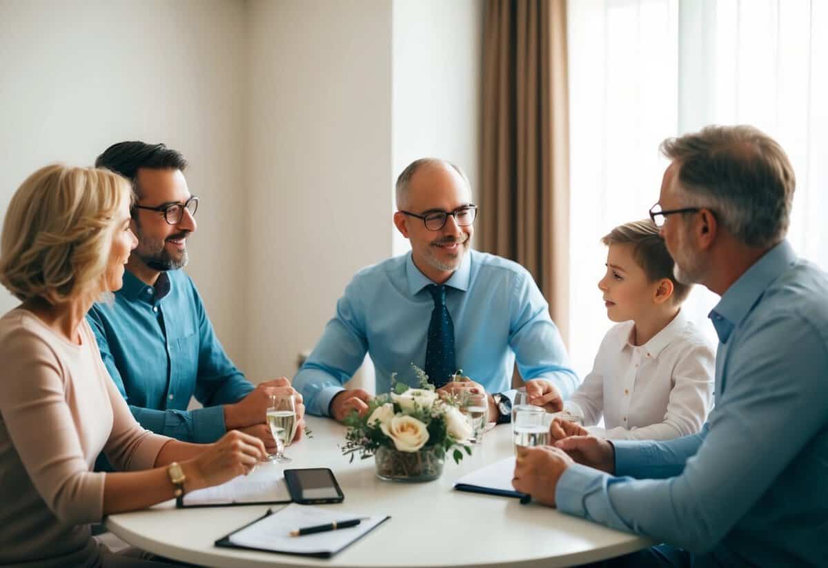 A family sitting around a table, discussing wedding expenses and budgeting together