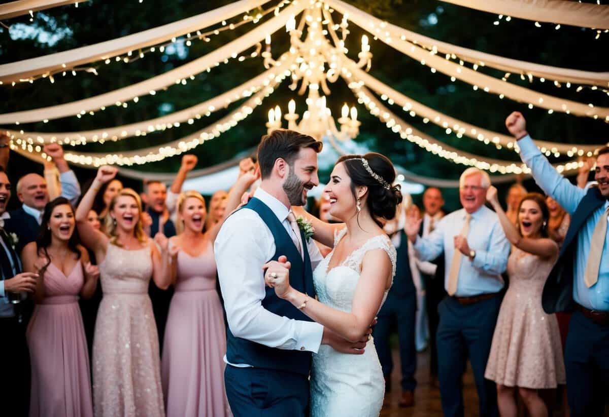 The newlyweds dancing under a canopy of twinkling fairy lights, surrounded by friends and family cheering and celebrating