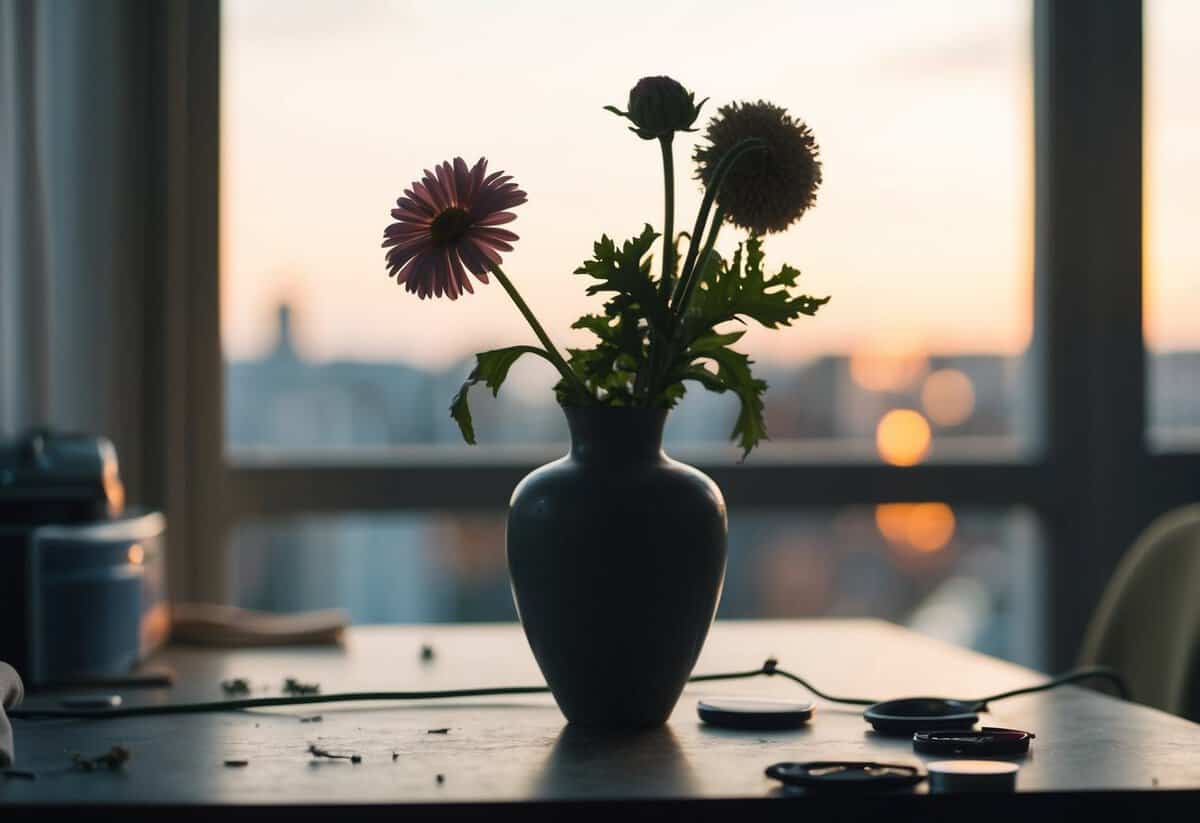 A wilted flower in a neglected vase on a cluttered table
