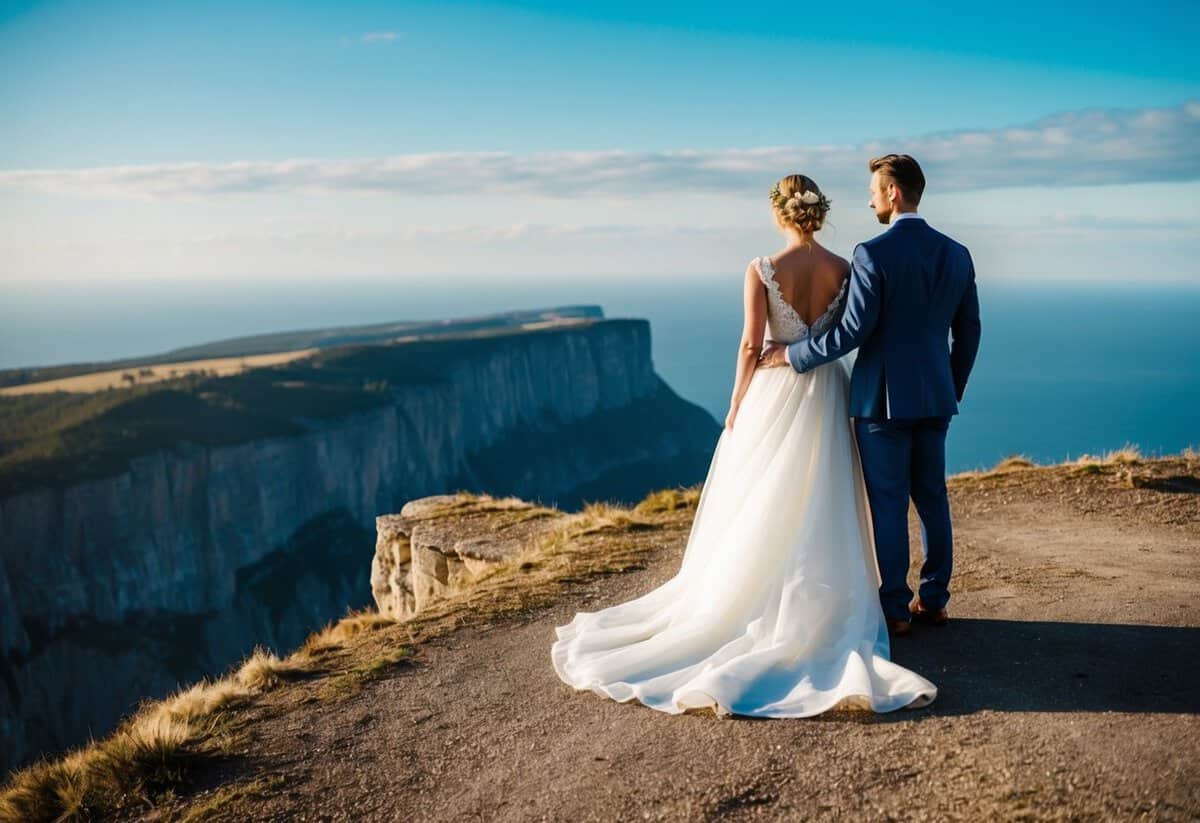 A bride and groom standing at the edge of a cliff, overlooking a vast, sun-drenched landscape, ready to embark on a new journey together