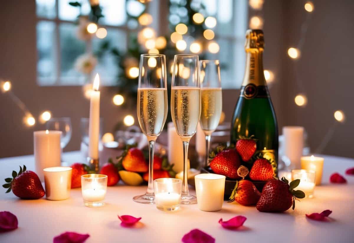 A table adorned with champagne, strawberries, and candles, surrounded by rose petals and soft lighting