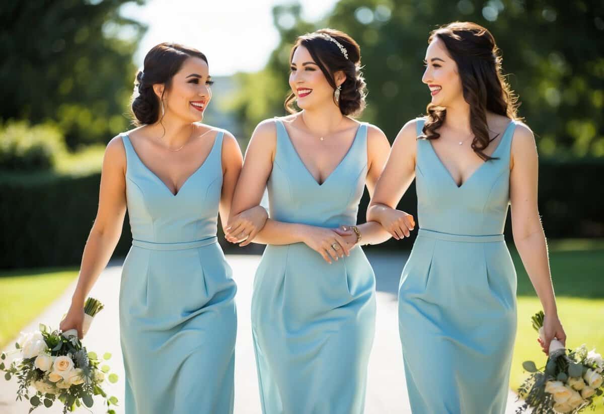 Three women walking arm in arm, smiling and chatting. They are dressed in matching outfits, indicating their role as bridesmaids