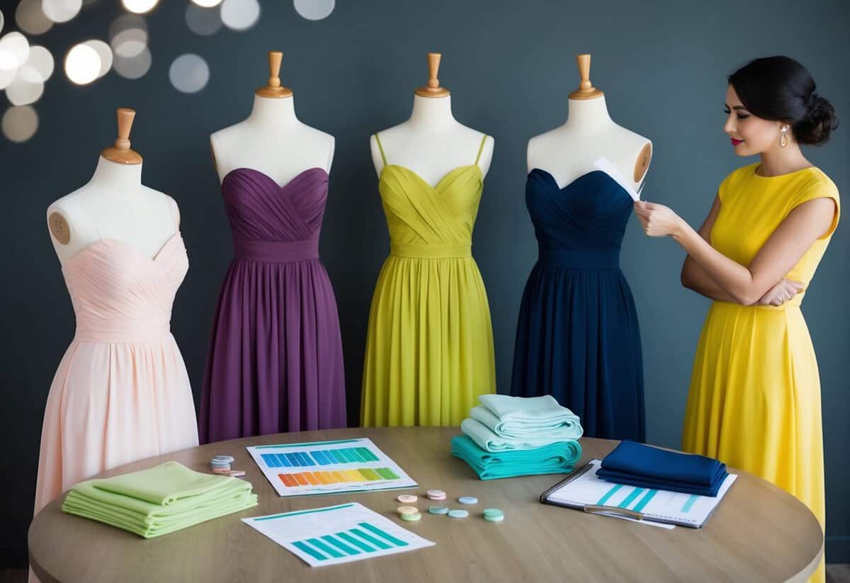 Three mannequins in different bridesmaid dresses, surrounded by budget spreadsheets and fabric swatches. A woman ponders the options