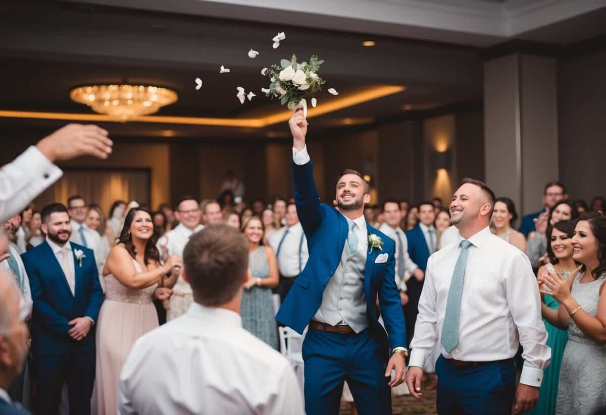 A garter being tossed into a crowd at a wedding reception