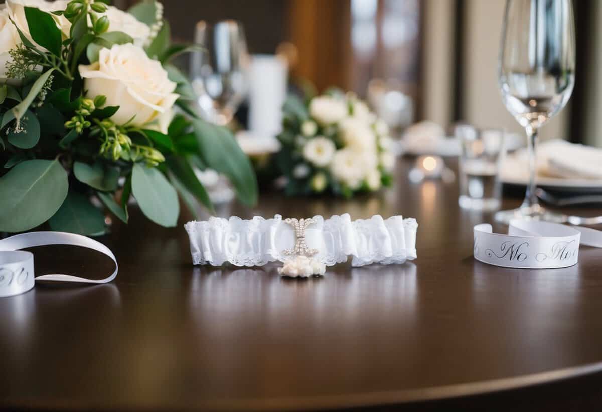 A wedding garter lies on a table, surrounded by alternative items like a bouquet or a personalized touch like a monogrammed ribbon