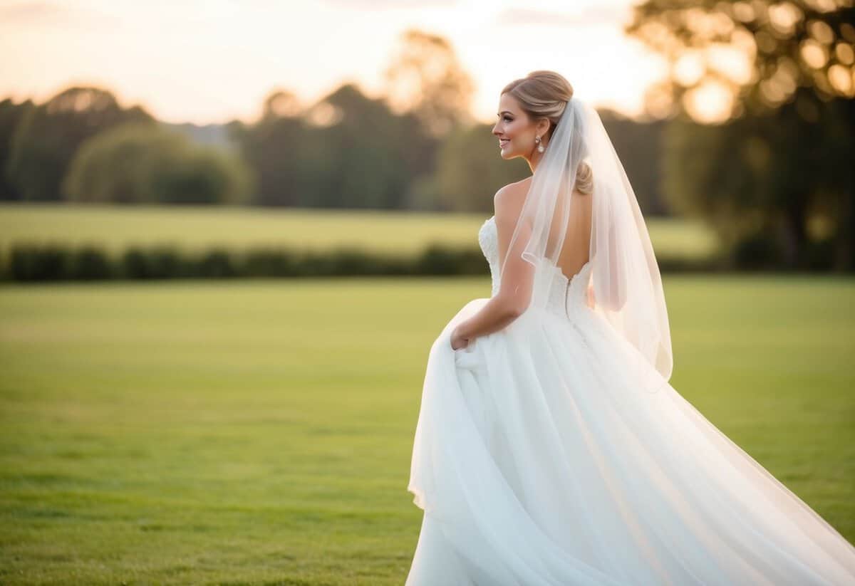 A bride wearing a flowing wedding gown with a delicate veil trailing behind her, gently caught in a soft breeze