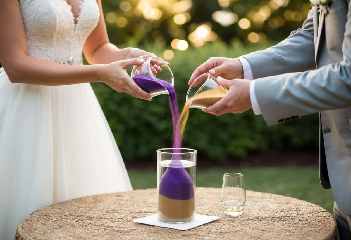 A bride and groom pouring different colored sands into a single container, symbolizing the blending of their lives in a unique unity ceremony