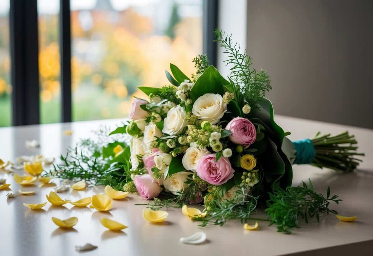 A bouquet of flowers lies abandoned on a table, surrounded by scattered petals and greenery