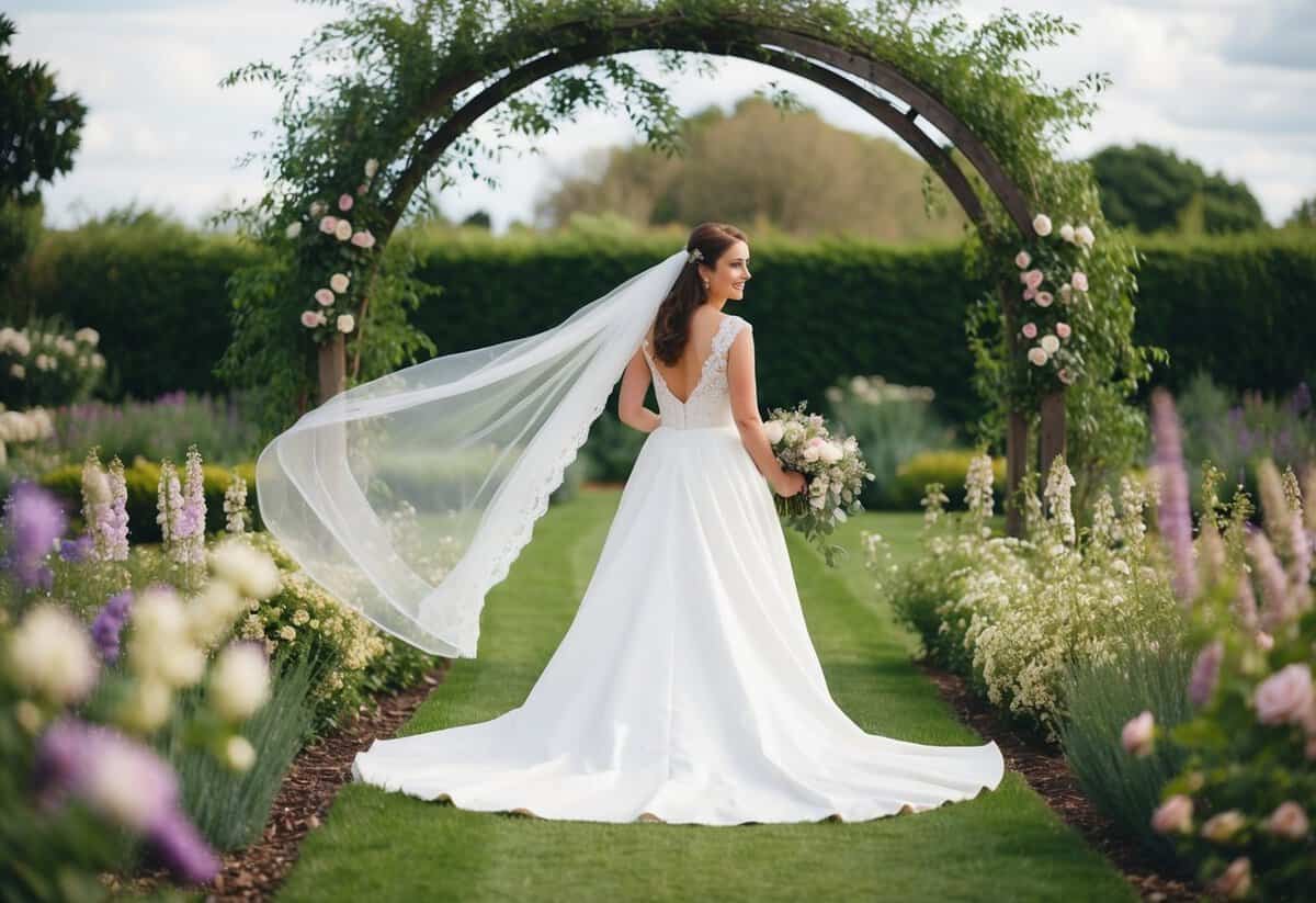A bride stands in a garden with a flowing veil, surrounded by blooming flowers and a rustic archway