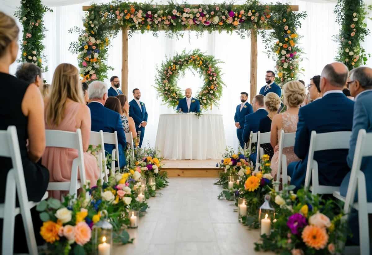A colorful array of flowers and greenery adorns the wedding ceremony space, creating a tranquil and enchanting atmosphere for guests to enjoy