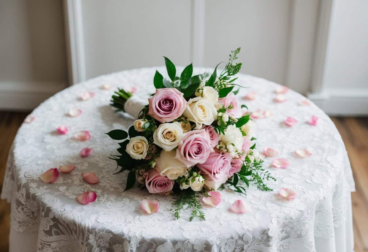 A bouquet rests on a lace-covered table, surrounded by scattered rose petals and delicate greenery