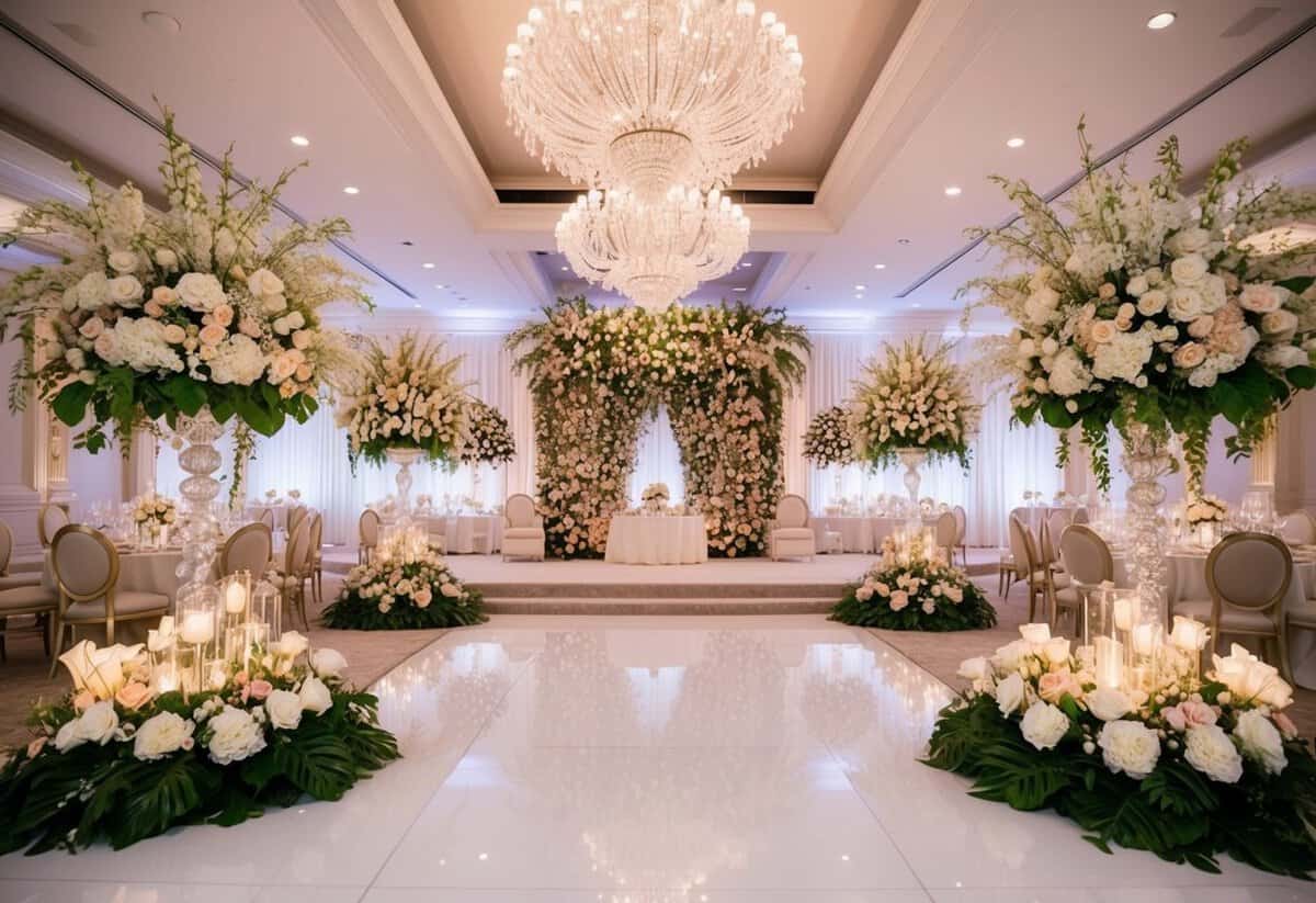 A lavish wedding venue with opulent decorations and extravagant floral arrangements
