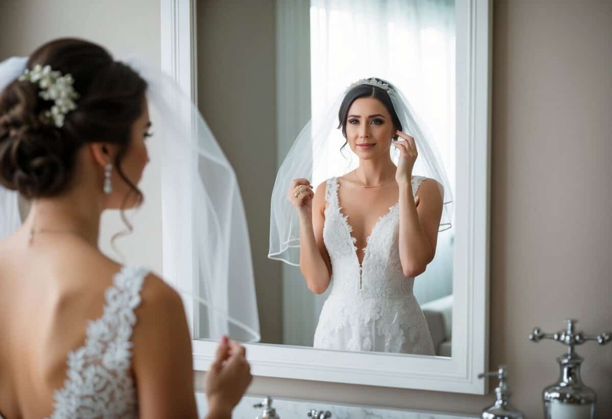 A woman standing in front of a mirror, removing her veil with a thoughtful expression