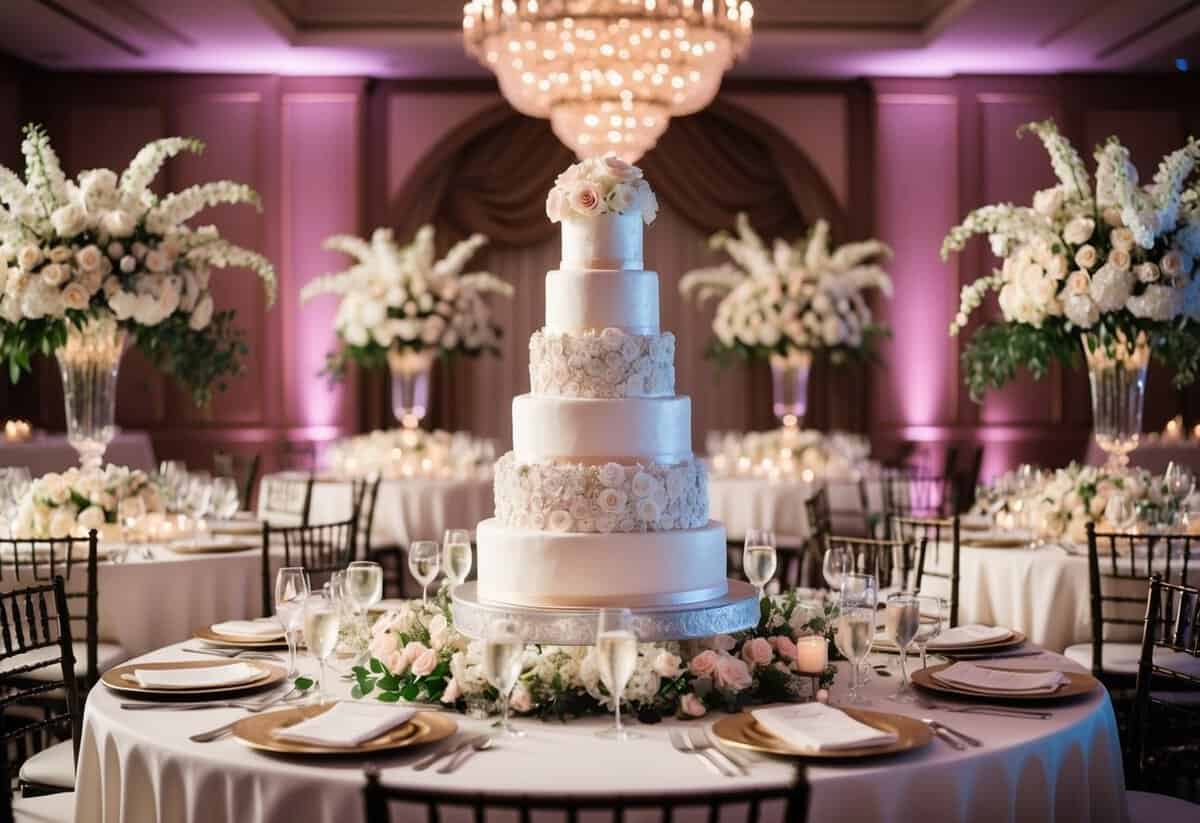 A lavish wedding reception with extravagant floral arrangements, ornate table settings, and a grand wedding cake as the focal point
