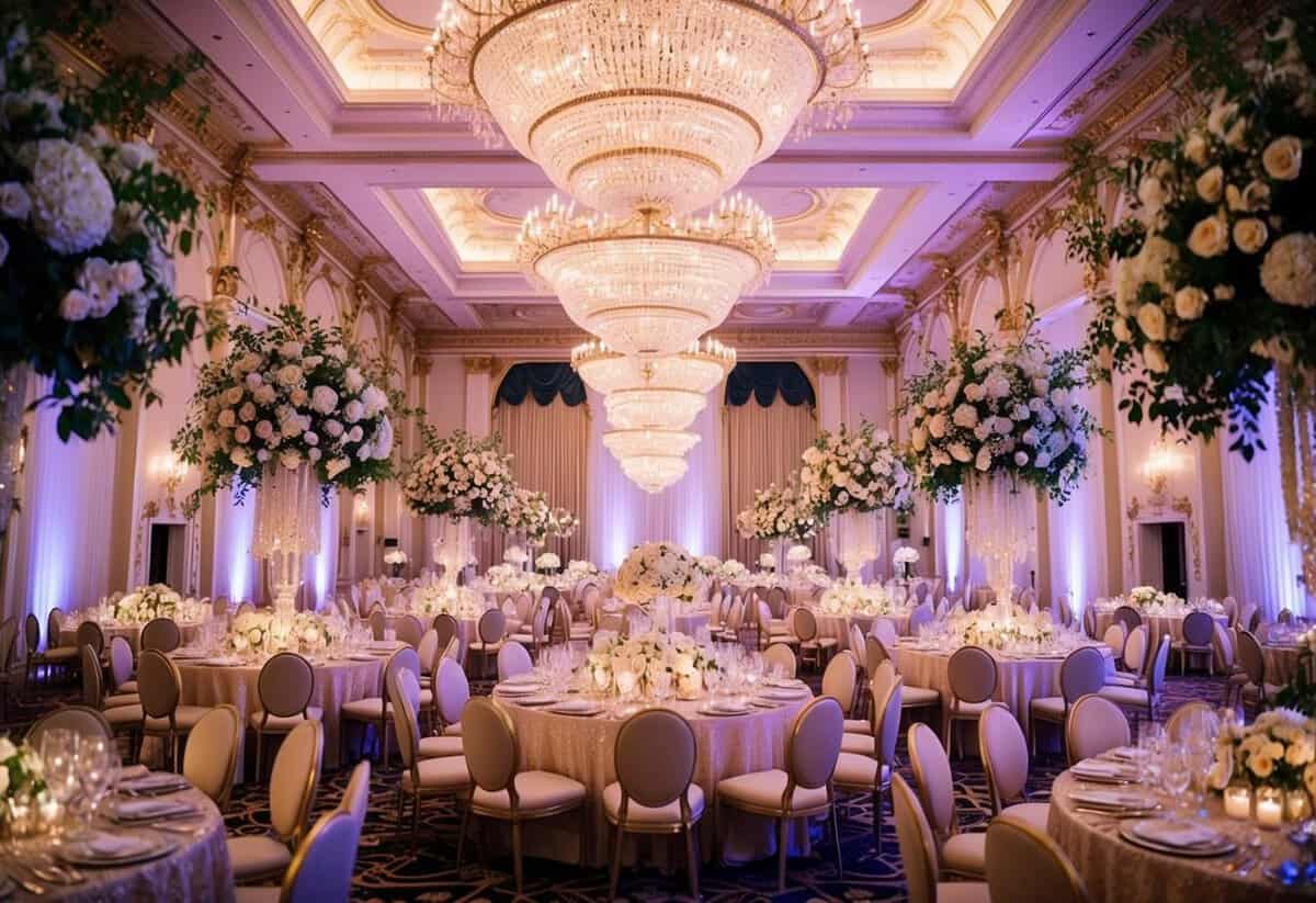 A grand ballroom adorned with opulent chandeliers, gilded decor, and extravagant floral arrangements, creating a lavish setting for a luxurious wedding celebration