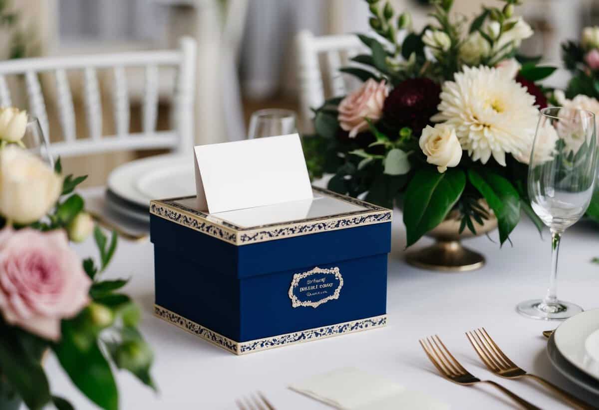 A table with a decorative box for cards and envelopes, surrounded by floral centerpieces and place settings