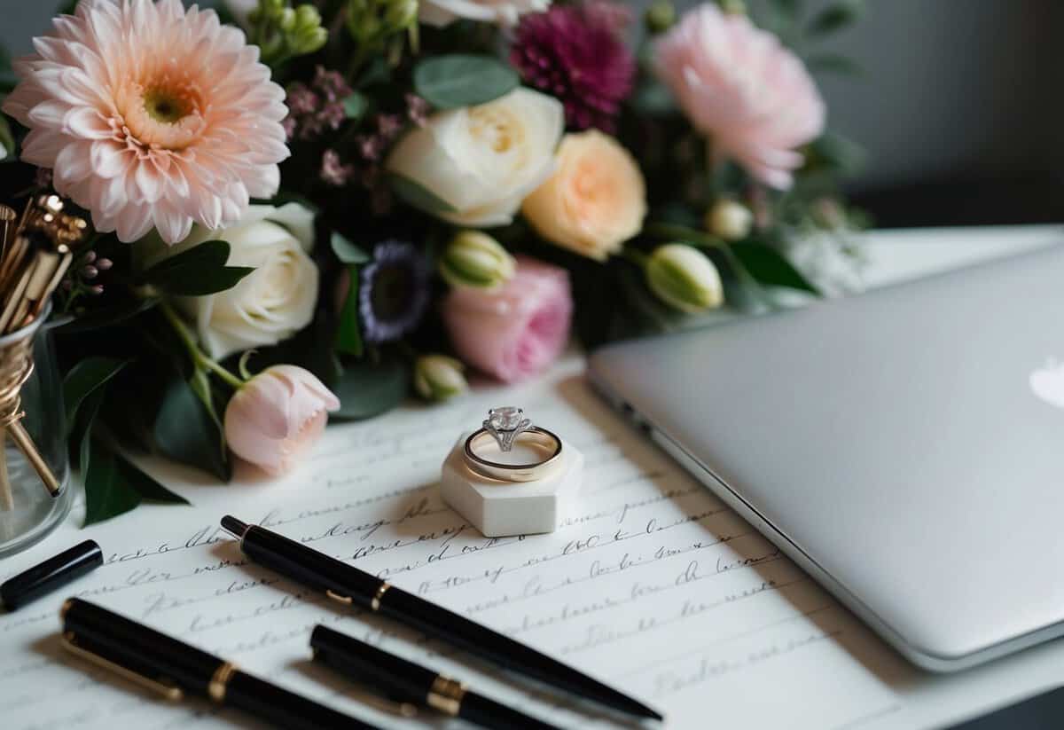 A wedding ring nestled among calligraphy pens, floral arrangements, and a sleek laptop on a desk