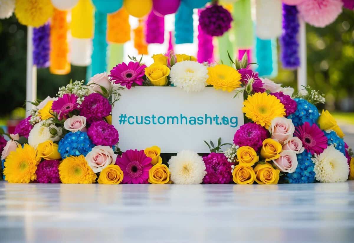 A colorful array of wedding decorations and flowers arranged around a sign with a custom hashtag