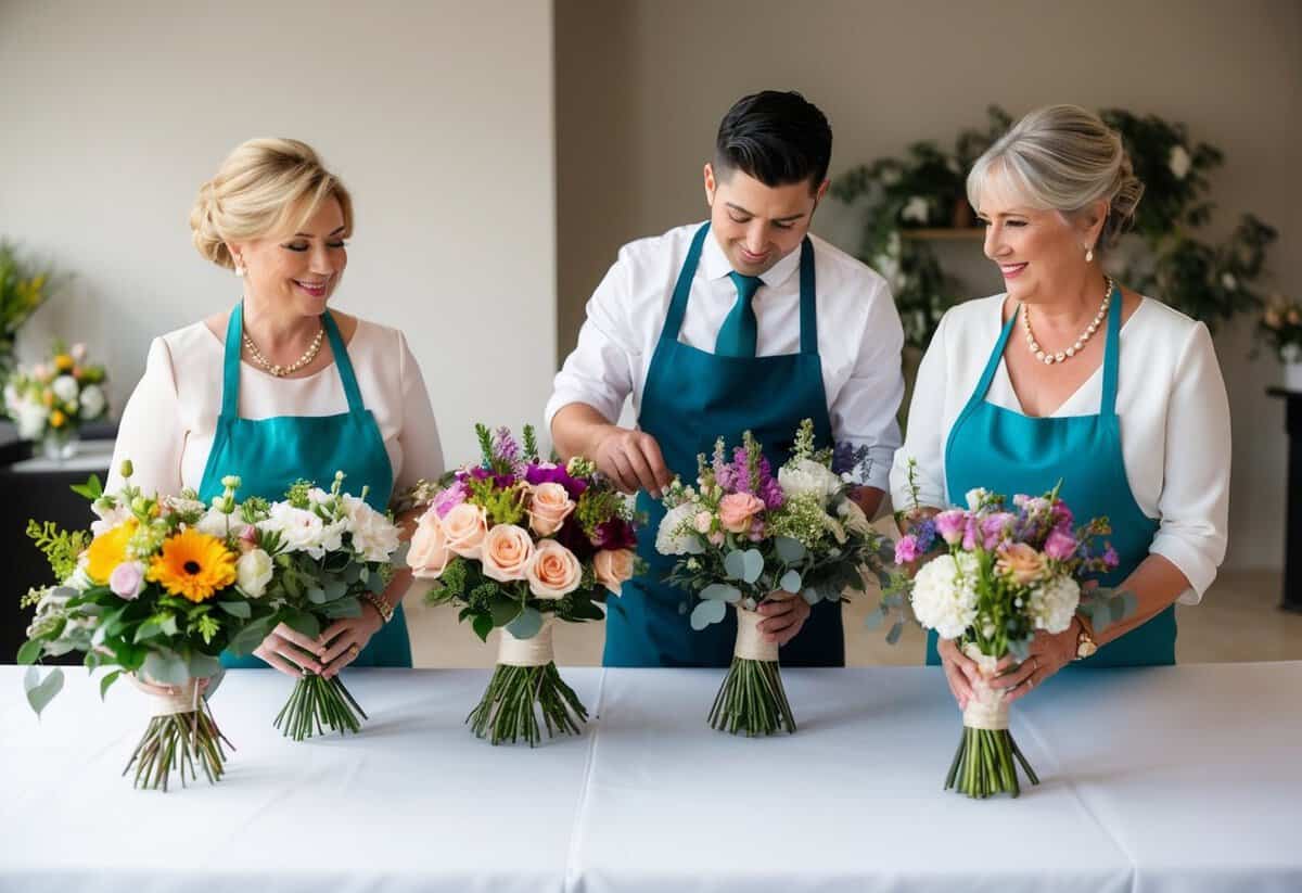 A florist arranging bouquets in varying colors and styles for the mothers of the bride and groom